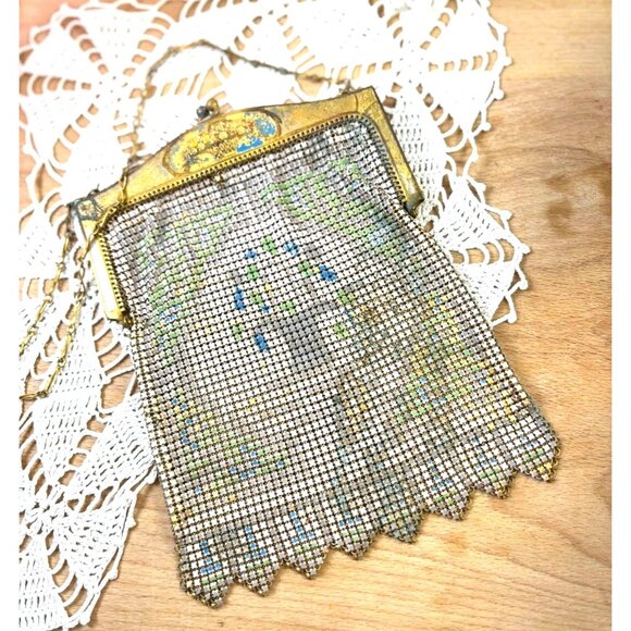 Antique Whiting & Davis Mesh Purse c1915–1925 Enamel Lyre Motif Metal Mesh Eveni - Picture 15 of 16